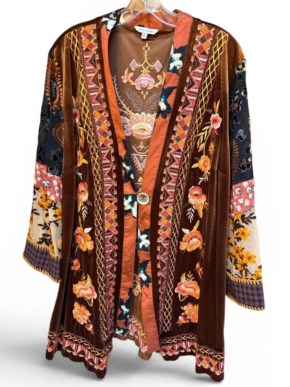 John Mark Brown Rust Velvet Beautiful Embroidered Patchwork Kimono, NWT size XL